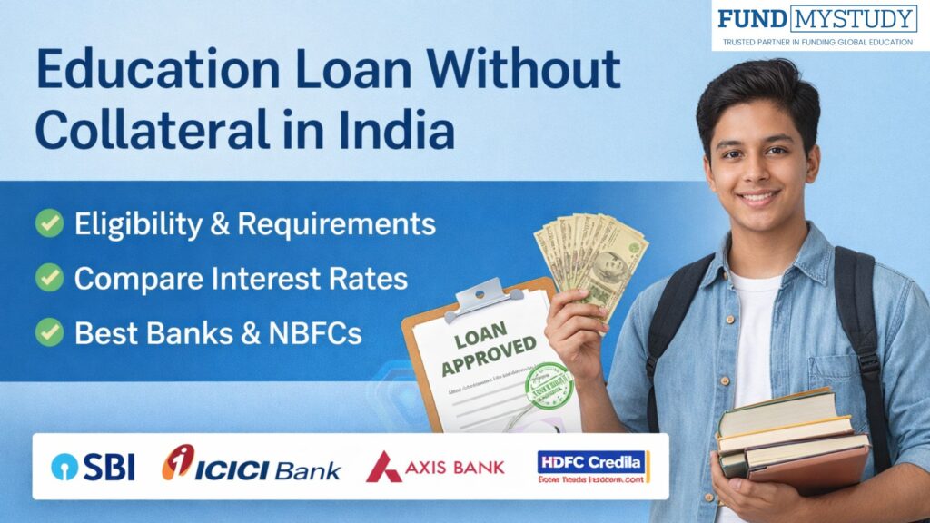 Education loan without collateral in India showing student, bank icons, and interest rate comparison – FundMyStudy