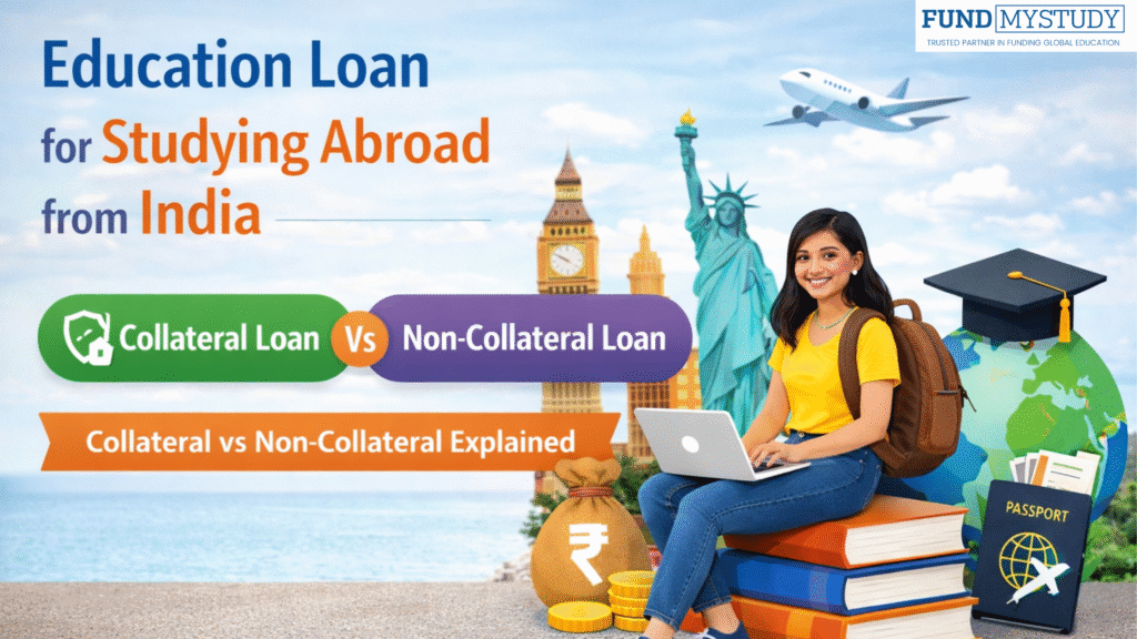 Education loan for studying abroad from India explaining collateral vs non-collateral loans with student, passport, globe, and international landmarks